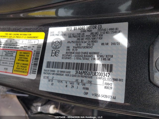 Aukcja sprzedaży 2020 Ford Fusion Energi Titanium, vin: 3FA6P0SU7LR200342, numer aukcji: 12573438