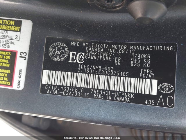 12608314 :رقم المزاد ، 2T1BU4EE3DC925165 vin ، 2013 Toyota Corolla Le مزاد بيع