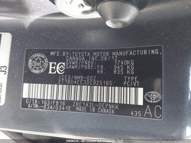 12608314 :رقم المزاد ، 2T1BU4EE3DC925165 vin ، 2013 Toyota Corolla Le مزاد بيع