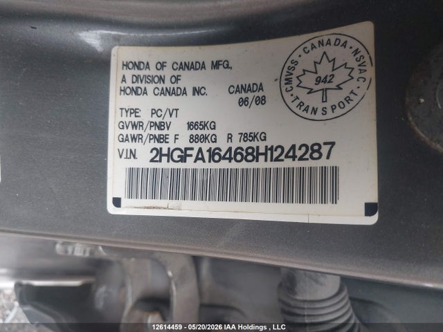 Aukcja sprzedaży 2008 Honda Civic Dx-g, vin: 2HGFA16468H124287, numer aukcji: 12614459