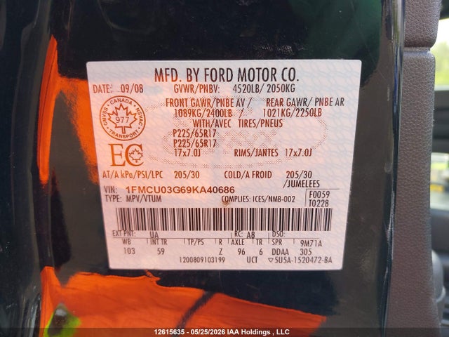 Продаж на аукціоні авто 2009 Ford Escape Xlt Automatic, vin: 1FMCU03G69KA40686, номер лоту: 12615635