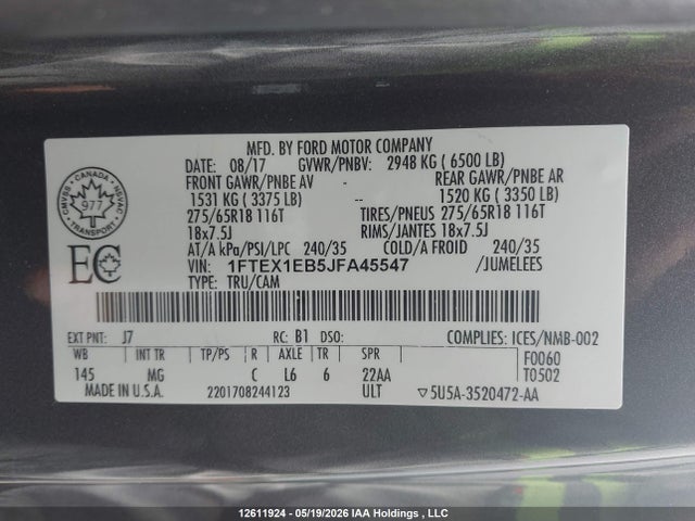 Aukcja sprzedaży 2018 Ford F-150 Xlt, vin: 1FTEX1EB5JFA45547, numer aukcji: 12611924