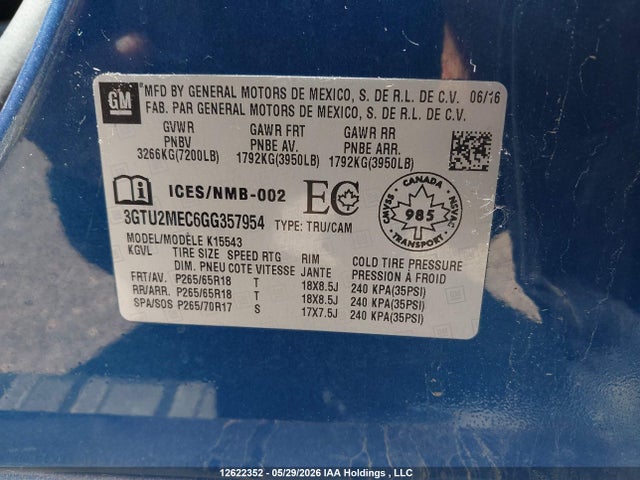 Aukcja sprzedaży 2016 Gmc Sierra 1500 Sle, vin: 3GTU2MEC6GG357954, numer aukcji: 12622352