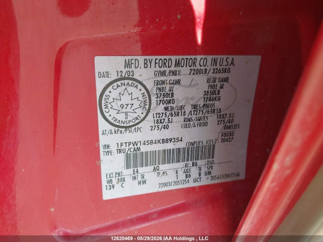 Aukcja sprzedaży 2004 Ford F-150 Fx4/lariat/xlt, vin: 1FTPW14584KB89354, numer aukcji: 12620469