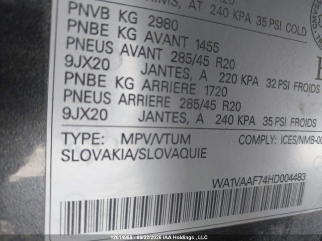 12614985 :رقم المزاد ، WA1VAAF74HD004483 vin ، 2017 Audi Q7 3.0t Technik مزاد بيع