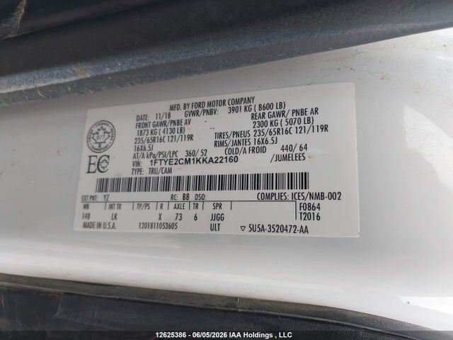 Продаж на аукціоні авто 2019 Ford Transit T-150, vin: 1FTYE2CM1KKA22160, номер лоту: 12625386