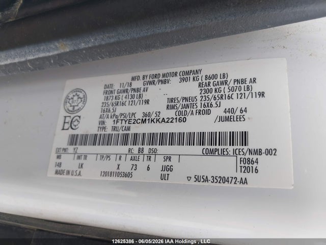 Продаж на аукціоні авто 2019 Ford Transit T-150, vin: 1FTYE2CM1KKA22160, номер лоту: 12625386
