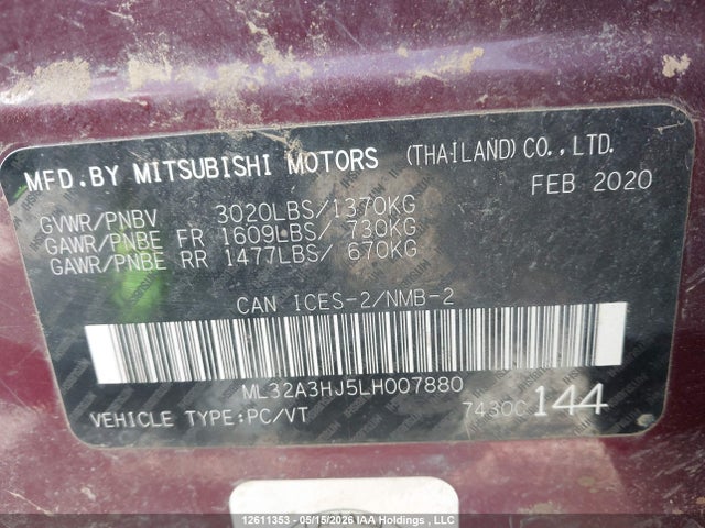 Продаж на аукціоні авто 2020 Mitsubishi Mirage Es/se, vin: ML32A3HJ5LH007880, номер лоту: 12611353