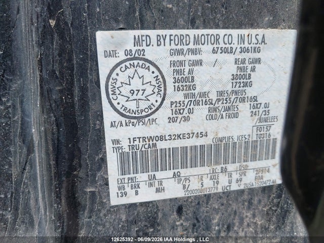 Продаж на аукціоні авто 2002 Ford F150 Supercrew, vin: 1FTRW08L32KE37454, номер лоту: 12625392