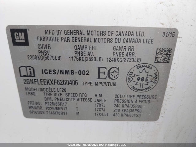 Aukcja sprzedaży 2015 Chevrolet Equinox Ls, vin: 2GNFLEEKXF6260406, numer aukcji: 12625393
