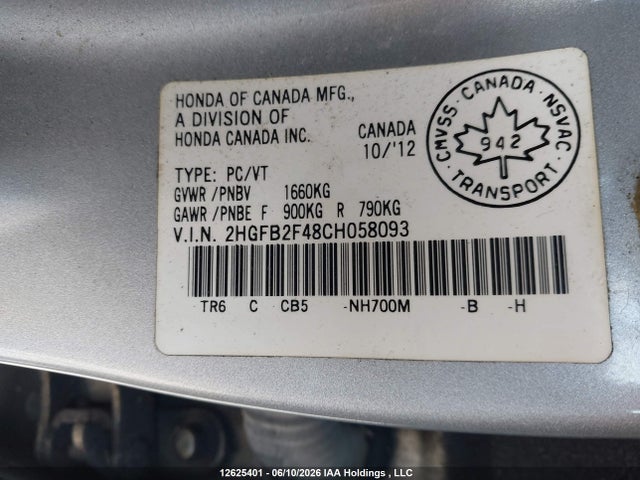 Продаж на аукціоні авто 2012 Honda Civic Lx, vin: 2HGFB2F48CH058093, номер лоту: 12625401