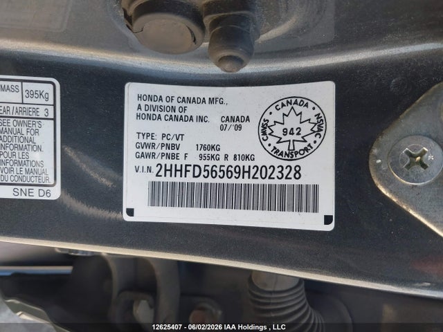 12625407 :رقم المزاد ، 2HHFD56569H202328 vin ، 2009 Acura Csx مزاد بيع