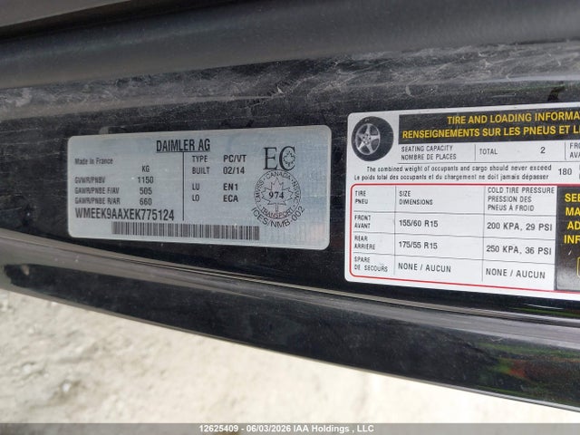 Продаж на аукціоні авто 2014 Smart Fortwo, vin: WMEEK9AAXEK775124, номер лоту: 12625409