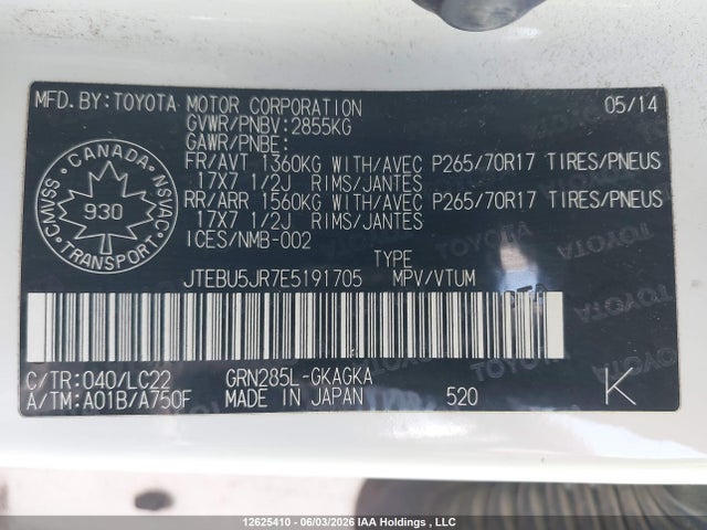 2014 Toyota 4runner Sr5 V6 მანქანა იყიდება აუქციონზე, vin: JTEBU5JR7E5191705, აუქციონის ნომერი: 12625410
