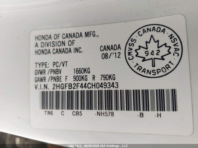 2012 Honda Civic მანქანა იყიდება აუქციონზე, vin: 2HGFB2F44CH049343, აუქციონის ნომერი: 12625413