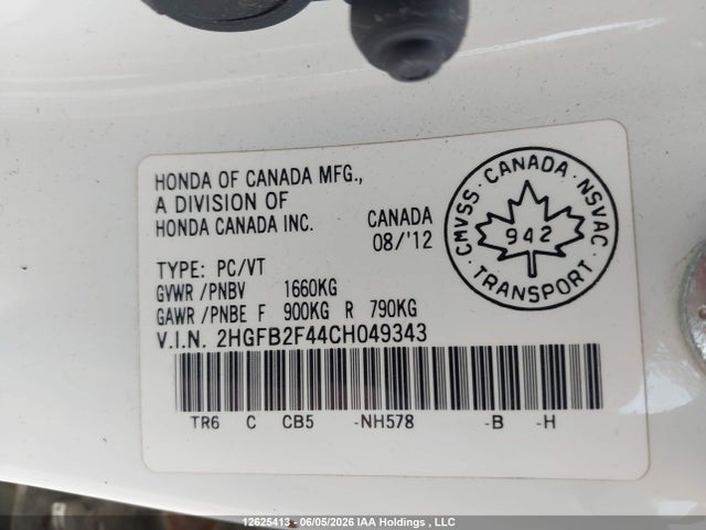 2012 Honda Civic მანქანა იყიდება აუქციონზე, vin: 2HGFB2F44CH049343, აუქციონის ნომერი: 12625413
