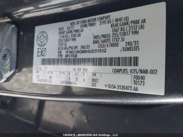 12625415 :رقم المزاد ، 1FMCU9G96HUD31532 vin ، 2017 Ford Escape Se مزاد بيع