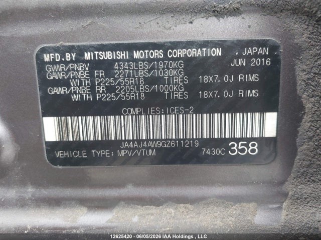 Aukcja sprzedaży 2016 Mitsubishi Rvr Gt, vin: JA4AJ4AW9GZ611219, numer aukcji: 12625420