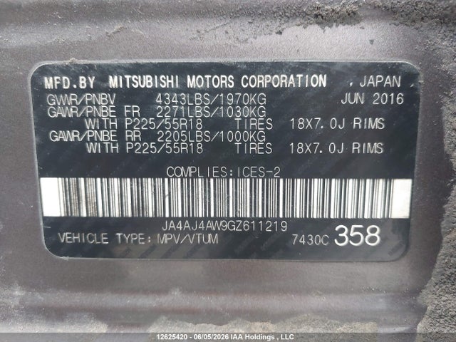 Aukcja sprzedaży 2016 Mitsubishi Rvr Gt, vin: JA4AJ4AW9GZ611219, numer aukcji: 12625420