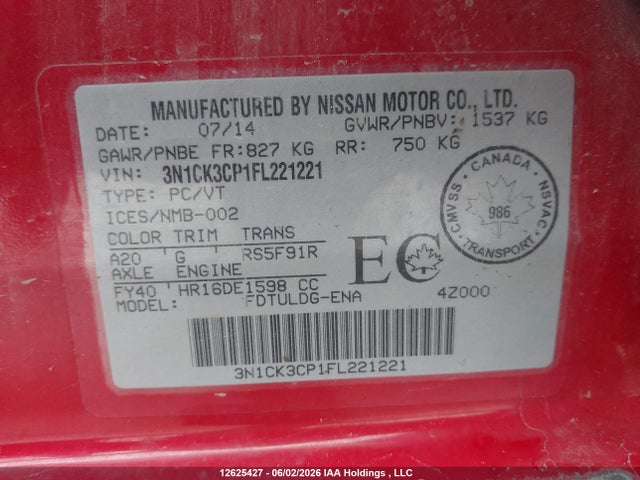 Продаж на аукціоні авто 2015 Nissan Micra, vin: 3N1CK3CP1FL221221, номер лоту: 12625427