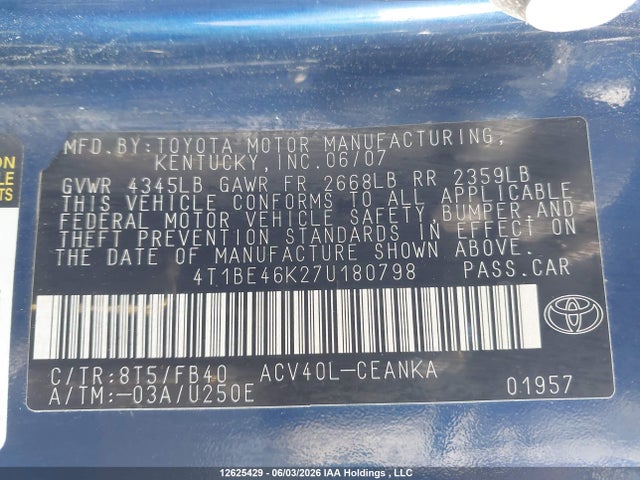 2007 Toyota Camry Ce/le/xle/se მანქანა იყიდება აუქციონზე, vin: 4T1BE46K27U180798, აუქციონის ნომერი: 12625429