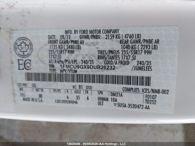 12625446 :رقم المزاد ، 1FMCU9GX9DUB26232 vin ، 2013 Ford Escape Se مزاد بيع