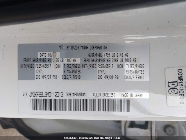 12625449 :رقم المزاد ، JM3KFBBL9M0112013 vin ، 2021 Mazda Cx-5 Gx مزاد بيع