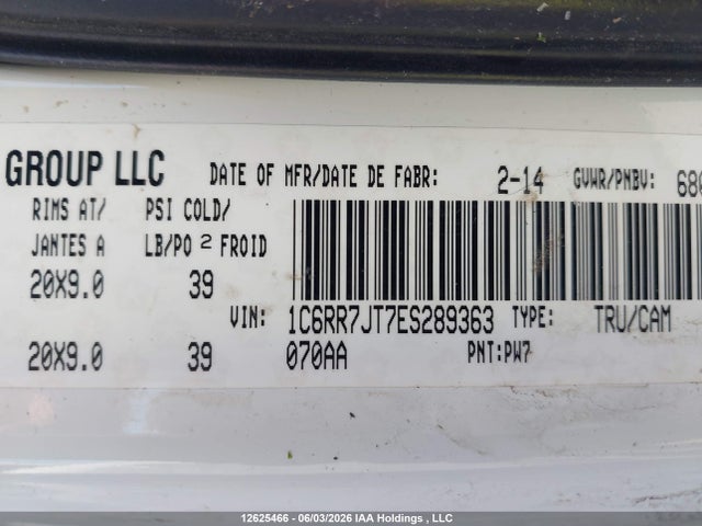Продажа на аукционе авто 2014 Ram 1500 Laramie, vin: 1C6RR7JT7ES289363, номер лота: 12625466