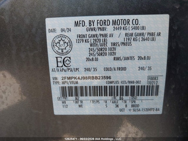 Продаж на аукціоні авто 2024 Ford Edge St Line, vin: 2FMPK4J98RBB23596, номер лоту: 12625471