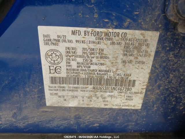 MAJ6S3JL5NC467280 Ford Ecosport