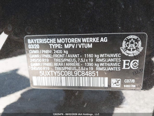 12625476 :رقم المزاد ، 5UXTY5C08L9C84851 vin ، 2020 Bmw X3 Xdrive30i مزاد بيع