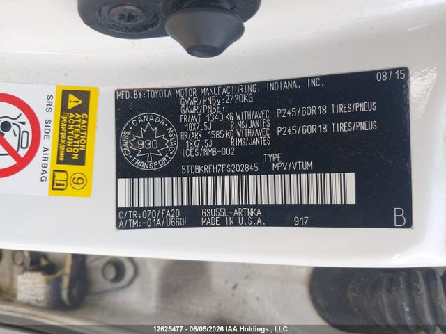 Продажа на аукционе авто 2015 Toyota Highlander Le/le Plus, vin: 5TDBKRFH7FS202845, номер лота: 12625477
