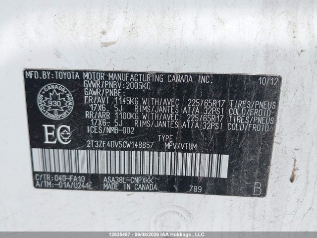 2012 Toyota Rav4 მანქანა იყიდება აუქციონზე, vin: 2T3ZF4DV5CW148857, აუქციონის ნომერი: 12625487