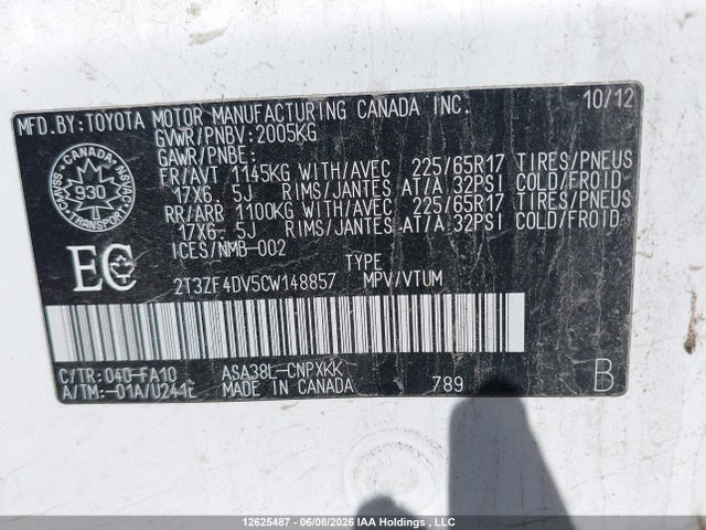 2012 Toyota Rav4 მანქანა იყიდება აუქციონზე, vin: 2T3ZF4DV5CW148857, აუქციონის ნომერი: 12625487