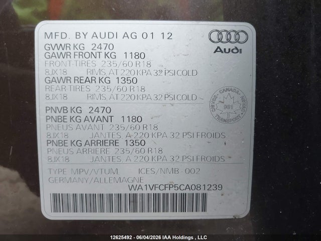 2012 Audi Q5 2.0t Premium Plus მანქანა იყიდება აუქციონზე, vin: WA1VFCFP5CA081239, აუქციონის ნომერი: 12625492
