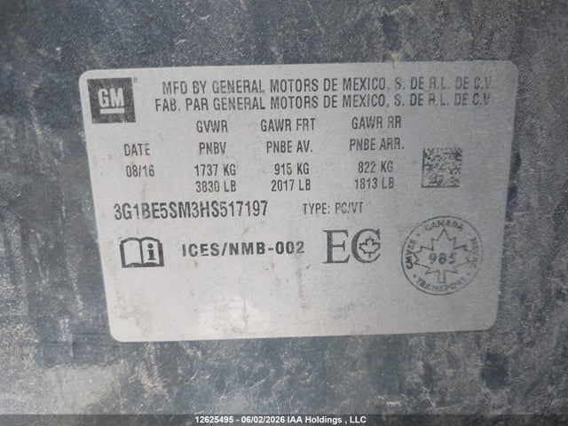 12625495 :رقم المزاد ، 3G1BE5SM3HS517197 vin ، 2017 Chevrolet Cruze Lt Auto مزاد بيع