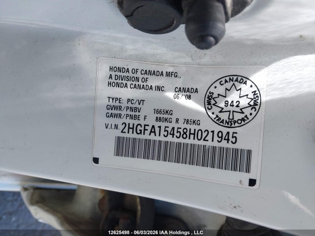 2008 Honda Civic მანქანა იყიდება აუქციონზე, vin: 2HGFA15458H021945, აუქციონის ნომერი: 12625498