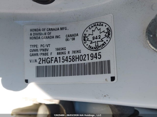 2008 Honda Civic მანქანა იყიდება აუქციონზე, vin: 2HGFA15458H021945, აუქციონის ნომერი: 12625498