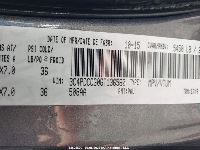 12625500 :رقم المزاد ، 3C4PDCCG0GT136560 vin ، 2016 Dodge Journey Sxt/limited مزاد بيع
