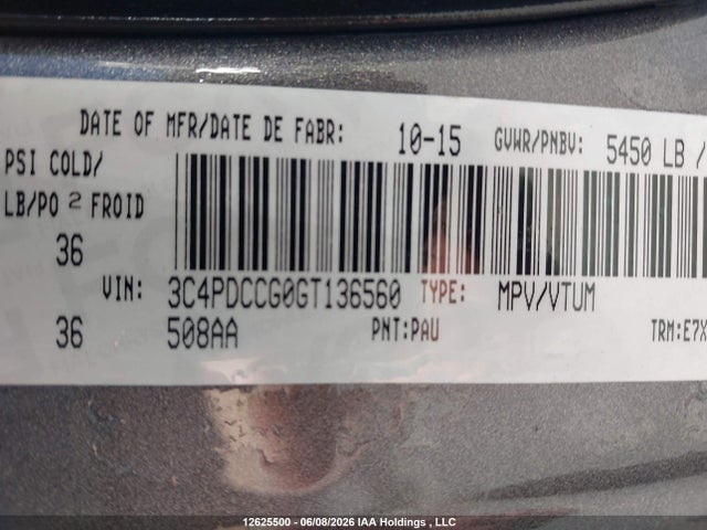 12625500 :رقم المزاد ، 3C4PDCCG0GT136560 vin ، 2016 Dodge Journey Sxt/limited مزاد بيع