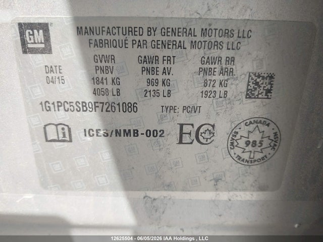Aukcja sprzedaży 2015 Chevrolet Cruze 1lt, vin: 1G1PC5SB9F7261086, numer aukcji: 12625504