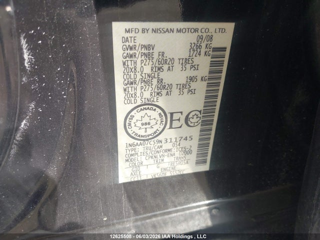 Продаж на аукціоні авто 2009 Nissan Titan Xe, vin: 1N6AA07C59N311745, номер лоту: 12625508