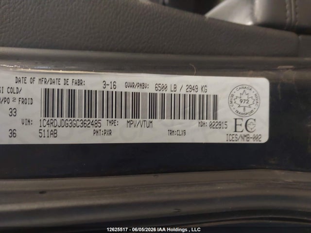 Dodge DURANGO LIMITED 2016 1C4RDJDG3GC362485 Image 9