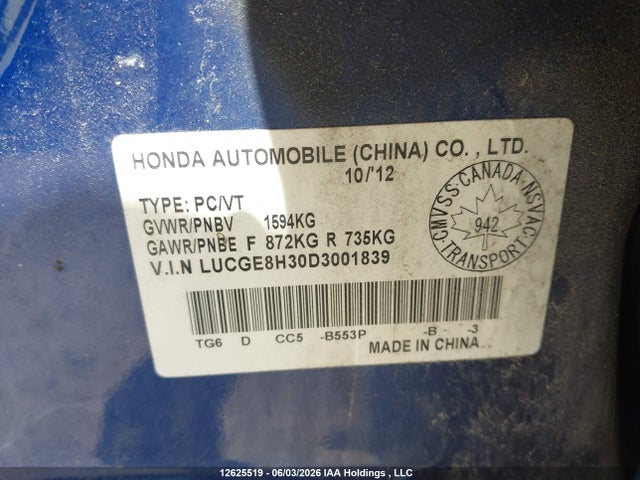 Продаж на аукціоні авто 2013 Honda Fit Dx-a, vin: LUCGE8H30D3001839, номер лоту: 12625519