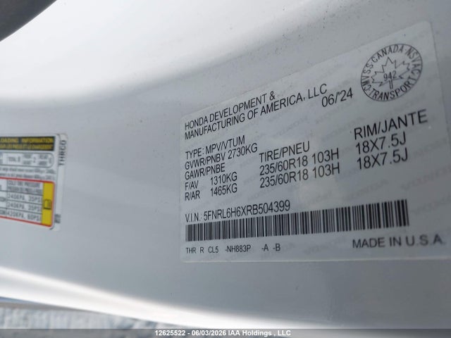 2024 Honda Odyssey Ex-l მანქანა იყიდება აუქციონზე, vin: 5FNRL6H6XRB504399, აუქციონის ნომერი: 12625522