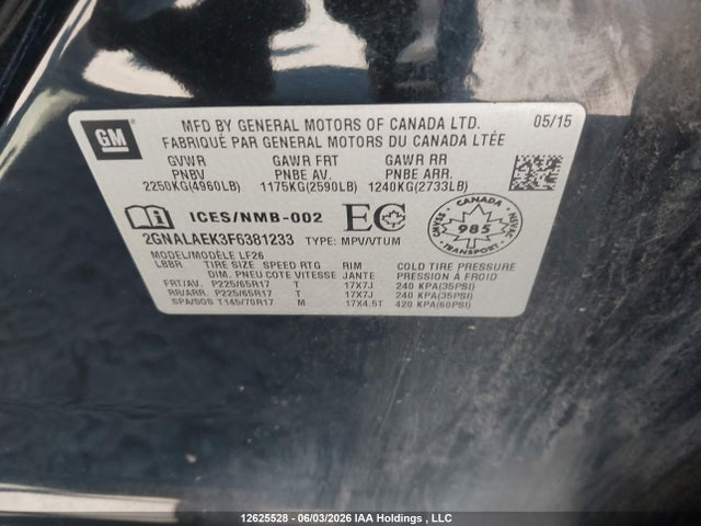 12625528 :رقم المزاد ، 2GNALAEK3F6381233 vin ، 2015 Chevrolet Equinox مزاد بيع