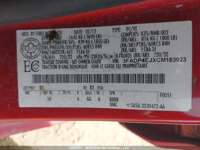 2012 Ford Fiesta მანქანა იყიდება აუქციონზე, vin: 3FADP4EJXCM183923, აუქციონის ნომერი: 12625531