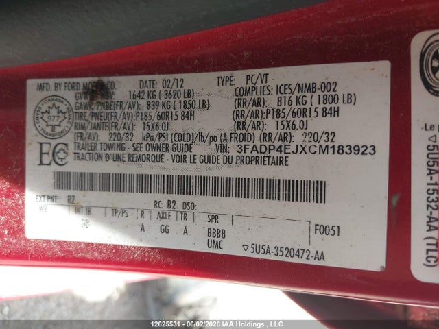 2012 Ford Fiesta მანქანა იყიდება აუქციონზე, vin: 3FADP4EJXCM183923, აუქციონის ნომერი: 12625531
