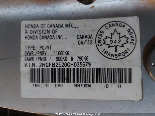 Aukcja sprzedaży 2012 Honda Civic, vin: 2HGFB2E20CH035679, numer aukcji: 12625532