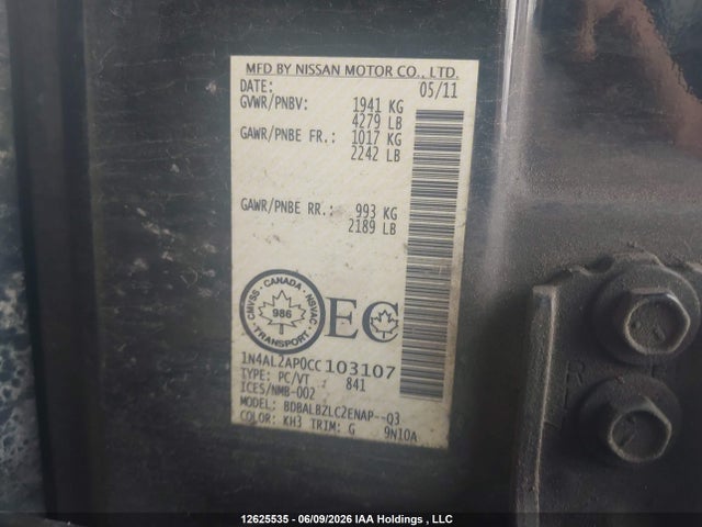 Продажа на аукционе авто 2012 Nissan Altima 2.5 S, vin: 1N4AL2AP0CC103107, номер лота: 12625535